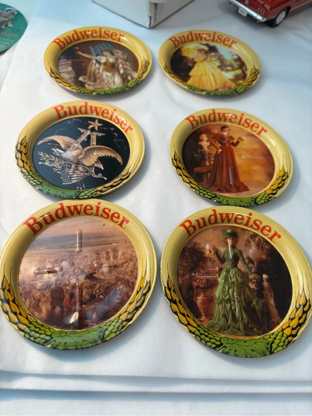 Budweiser Round Coasters with Yellow Rim & Green Coasters Detail